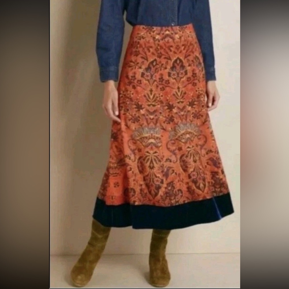 Soft Surroundings Women’s Skirt Orange Midi Boho Baroque Velvet Hem Sz Petite S
